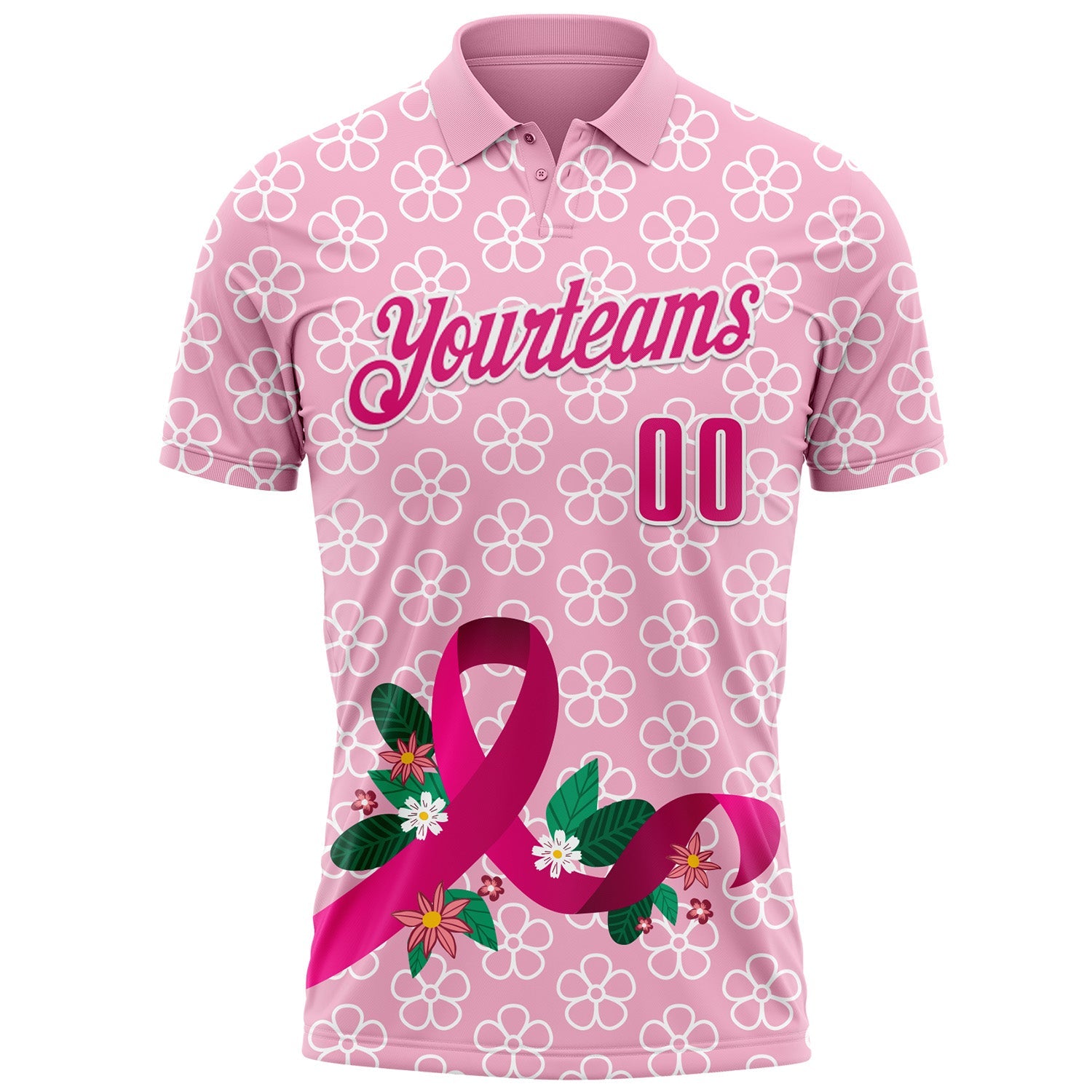 Custom Light Pink Hot Pink-White 3D Pink Ribbon Breast Cancer Awareness Floral Performance Polo Shirt view 2