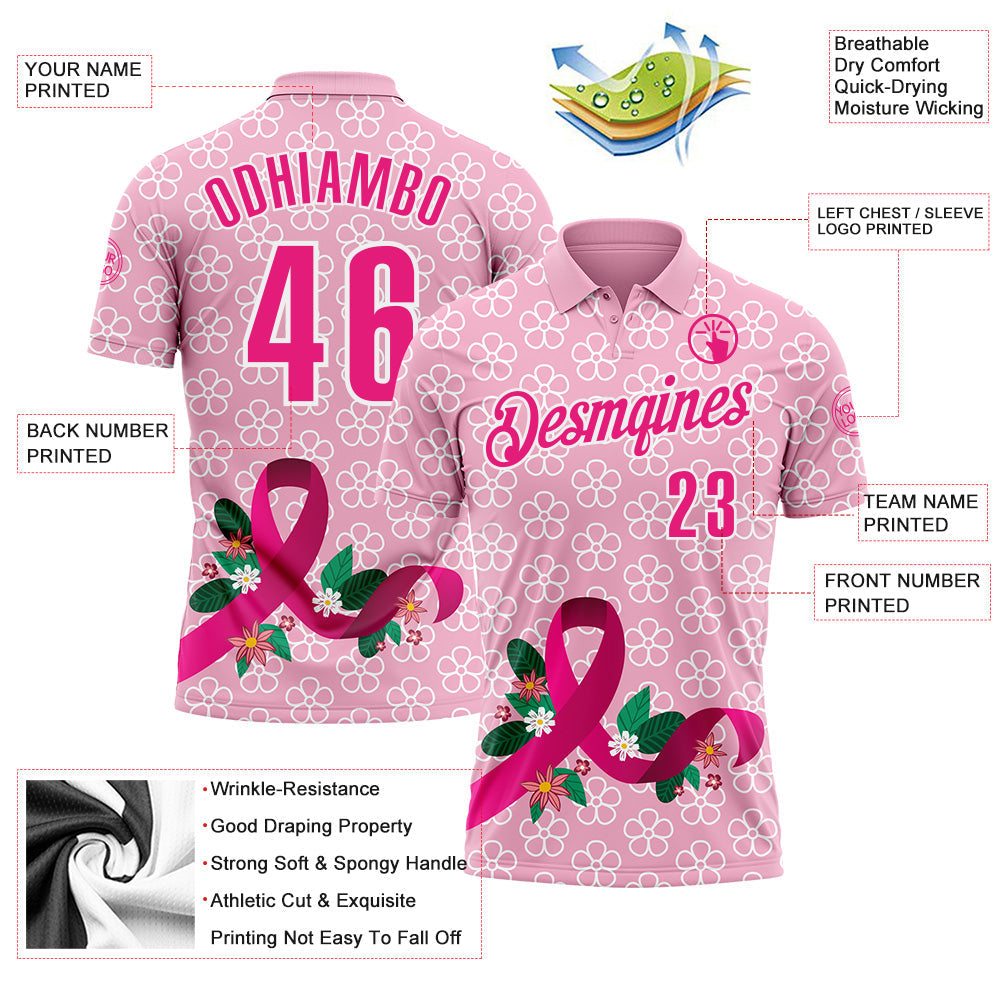 Custom Light Pink Hot Pink-White 3D Pink Ribbon Breast Cancer Awareness Floral Performance Polo Shirt view 3
