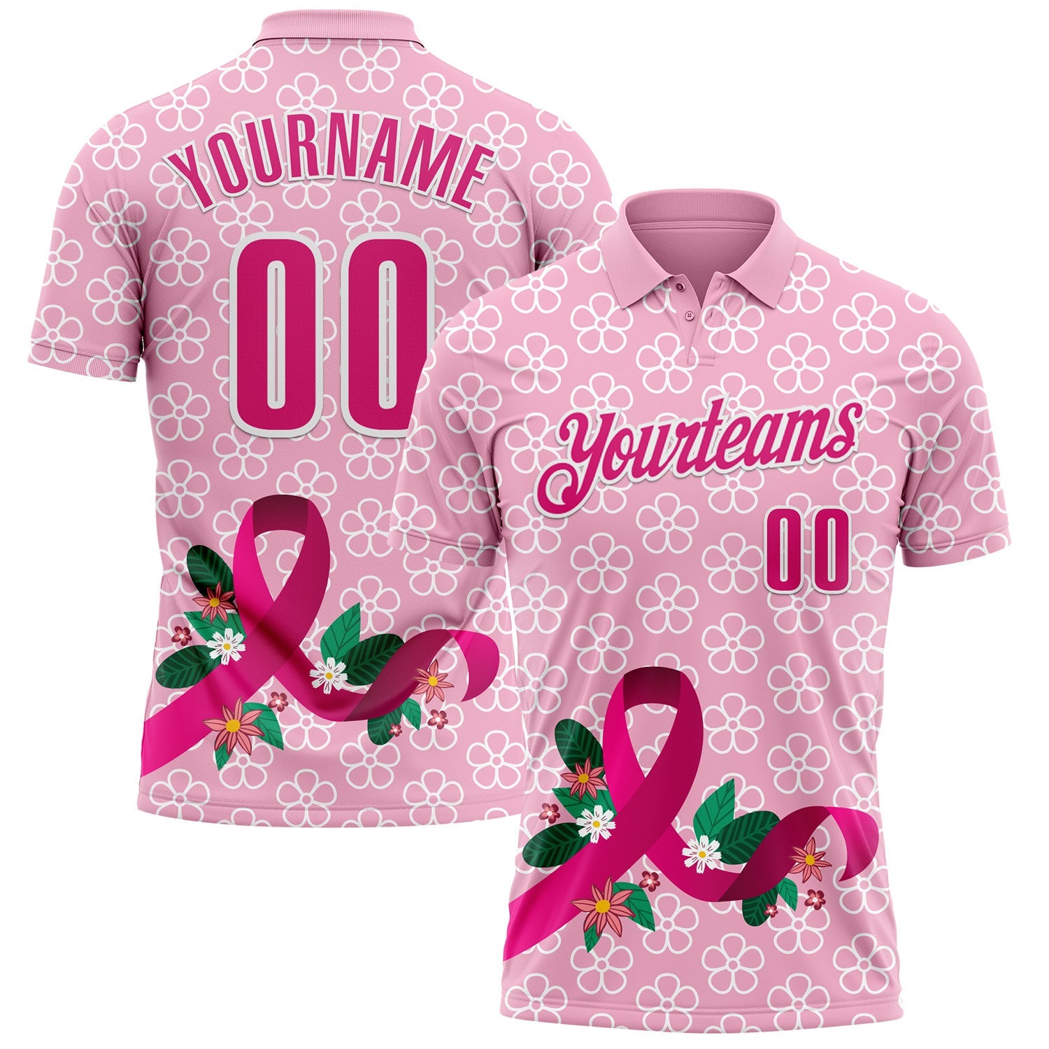 Custom Light Pink Hot Pink-White 3D Pink Ribbon Breast Cancer Awareness Floral Performance Polo Shirt - Main View