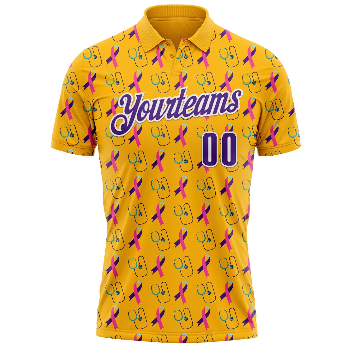 Custom Gold Purple-White 3D Pattern Design Purple Teal Pink Ribbon Thyroid Cancer Awareness World Cancer Day Performance Polo Shirt view 2