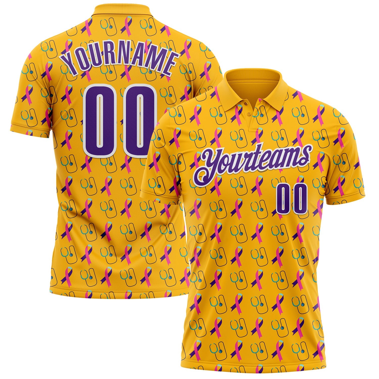 Custom Gold Purple-White 3D Pattern Design Purple Teal Pink Ribbon Thyroid Cancer Awareness World Cancer Day Performance Polo Shirt - Main View