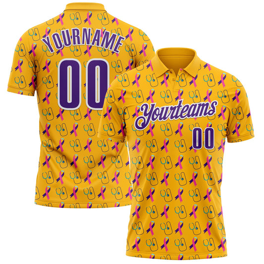 Custom Gold Purple-White 3D Pattern Design Purple Teal Pink Ribbon Thyroid Cancer Awareness World Cancer Day Performance Polo Shirt - Main View