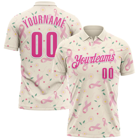 Custom Cream Pink-White 3D Pink Ribbon Breast Cancer Awareness Floral Performance Polo Shirt - Main View