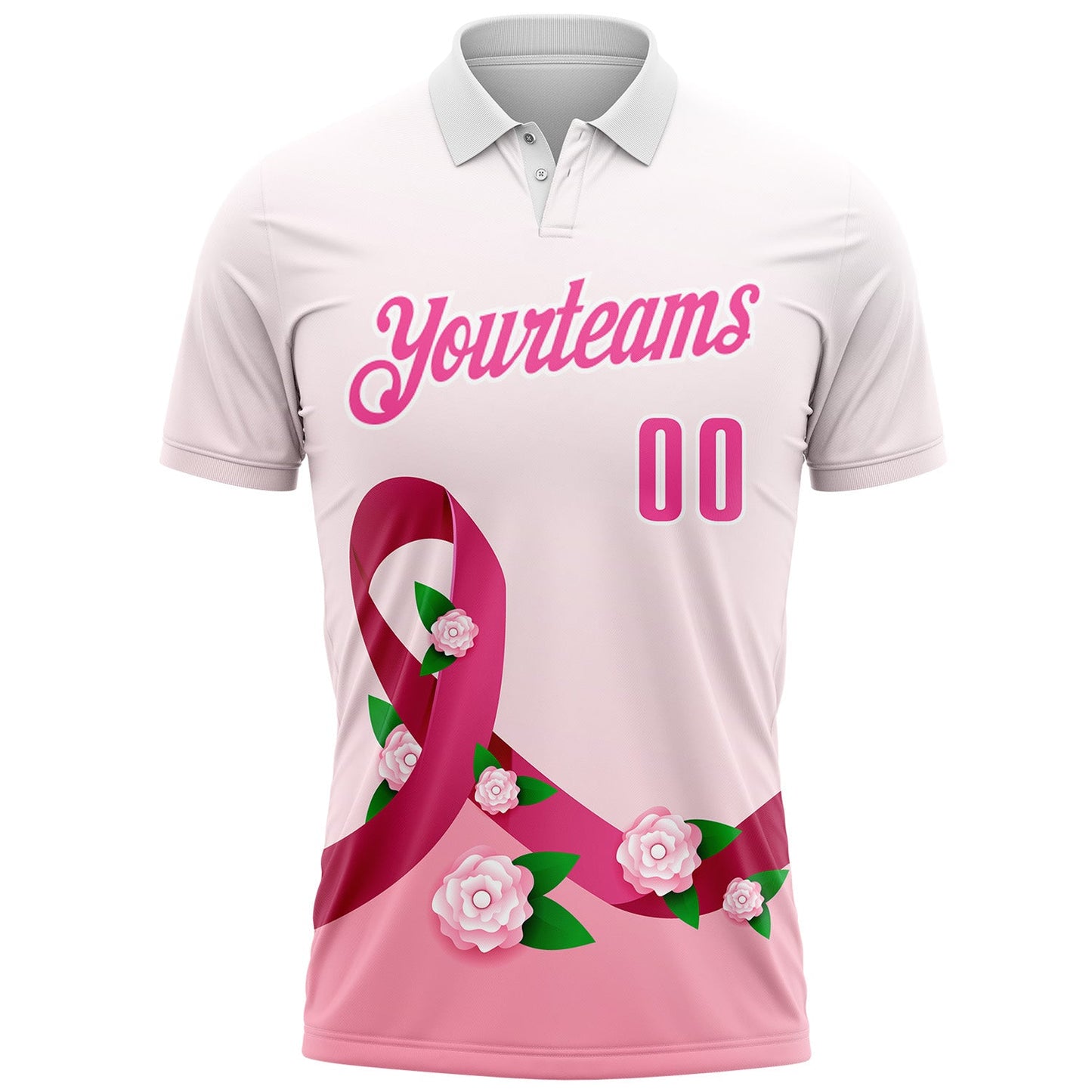 Custom White Pink 3D Pink Ribbon Breast Cancer Awareness Floral Performance Polo Shirt view 2