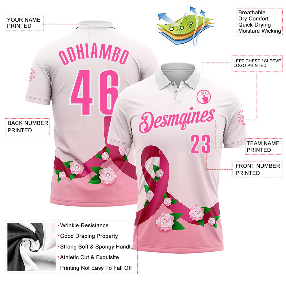 Custom White Pink 3D Pink Ribbon Breast Cancer Awareness Floral Performance Polo Shirt view 3