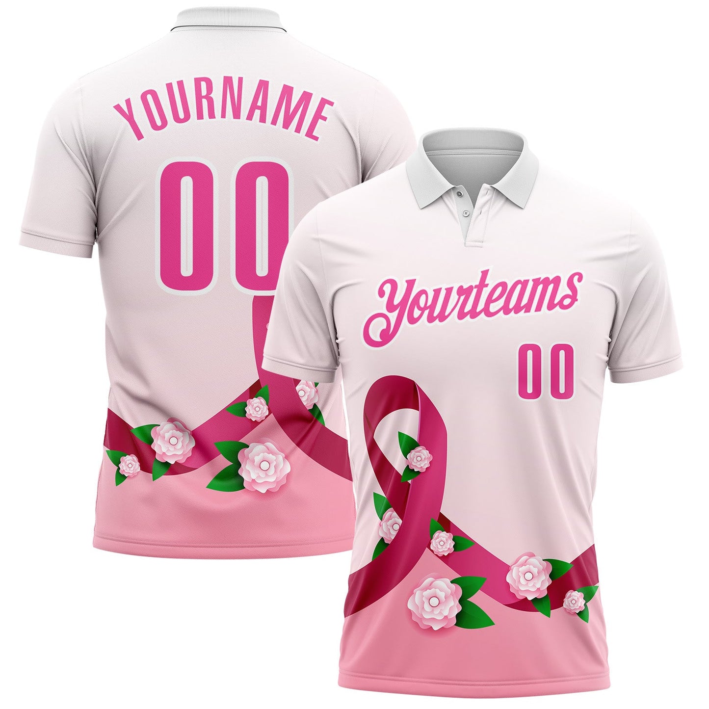 Custom White Pink 3D Pink Ribbon Breast Cancer Awareness Floral Performance Polo Shirt - Main View
