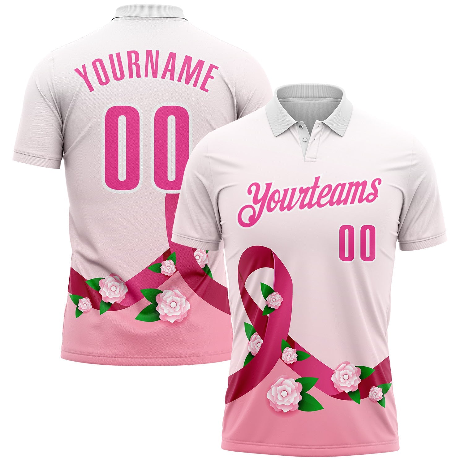 Custom White Pink 3D Pink Ribbon Breast Cancer Awareness Floral Performance Polo Shirt - Main View