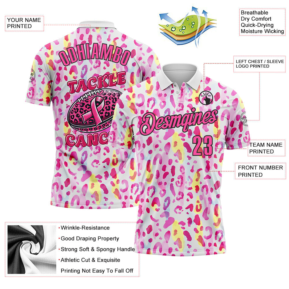 Custom White Pink-Black 3D Pink Ribbon Breast Cancer Awareness Leopard Pattern Football Performance Polo Shirt view 3