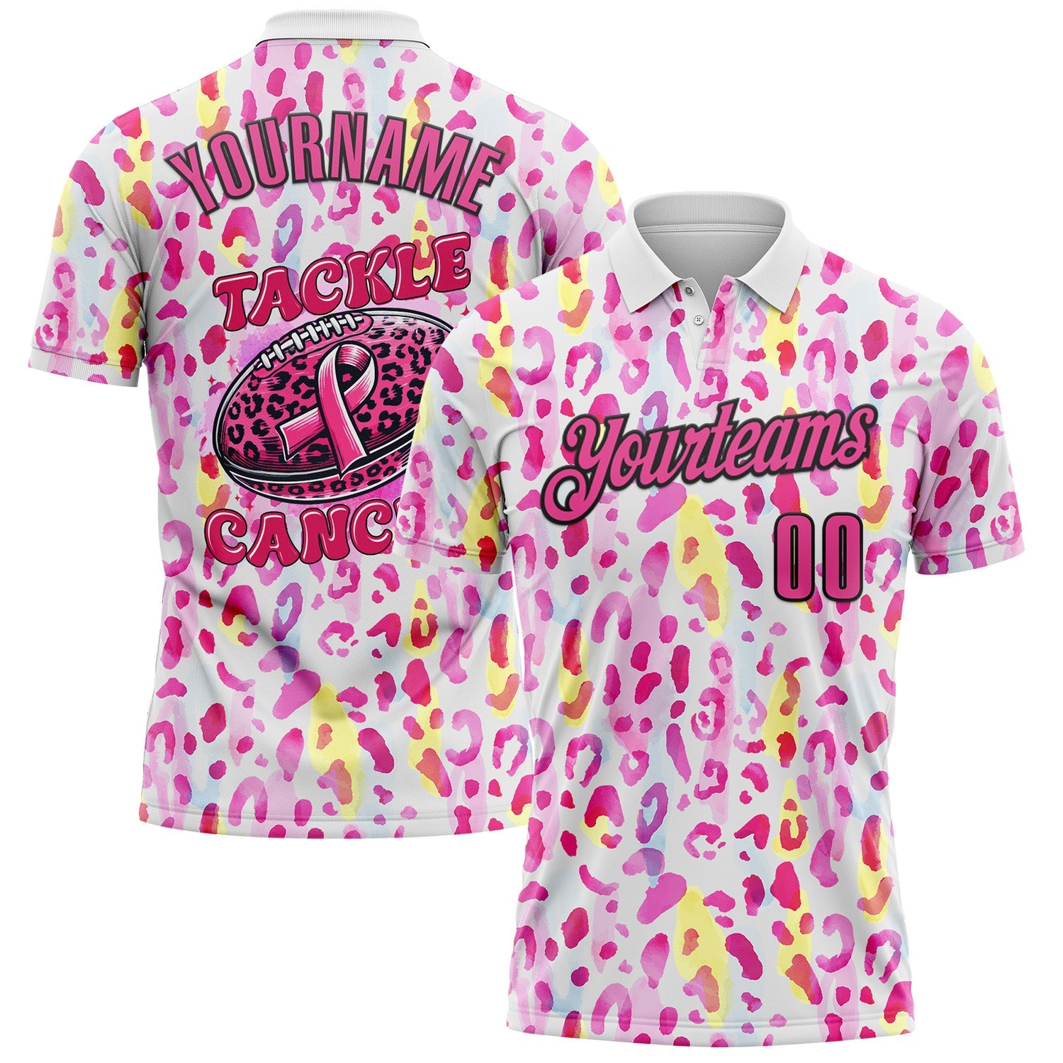 Custom White Pink-Black 3D Pink Ribbon Breast Cancer Awareness Leopard Pattern Football Performance Polo Shirt - Main View