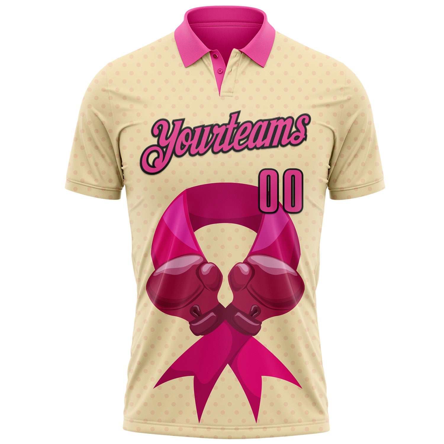 Custom Cream Pink-Black 3D Pink Ribbon Breast Cancer Awareness Fighter Boxing Gloves Performance Polo Shirt view 2