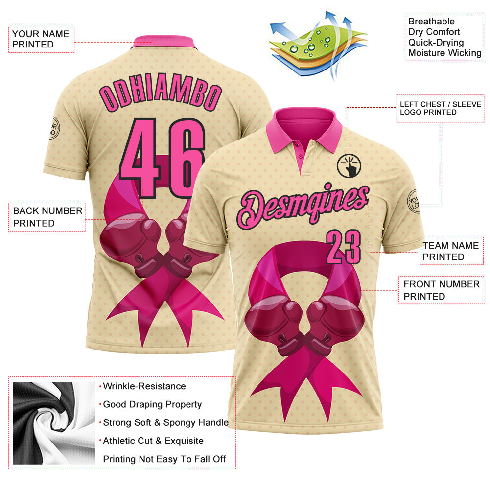 Custom Cream Pink-Black 3D Pink Ribbon Breast Cancer Awareness Fighter Boxing Gloves Performance Polo Shirt view 3