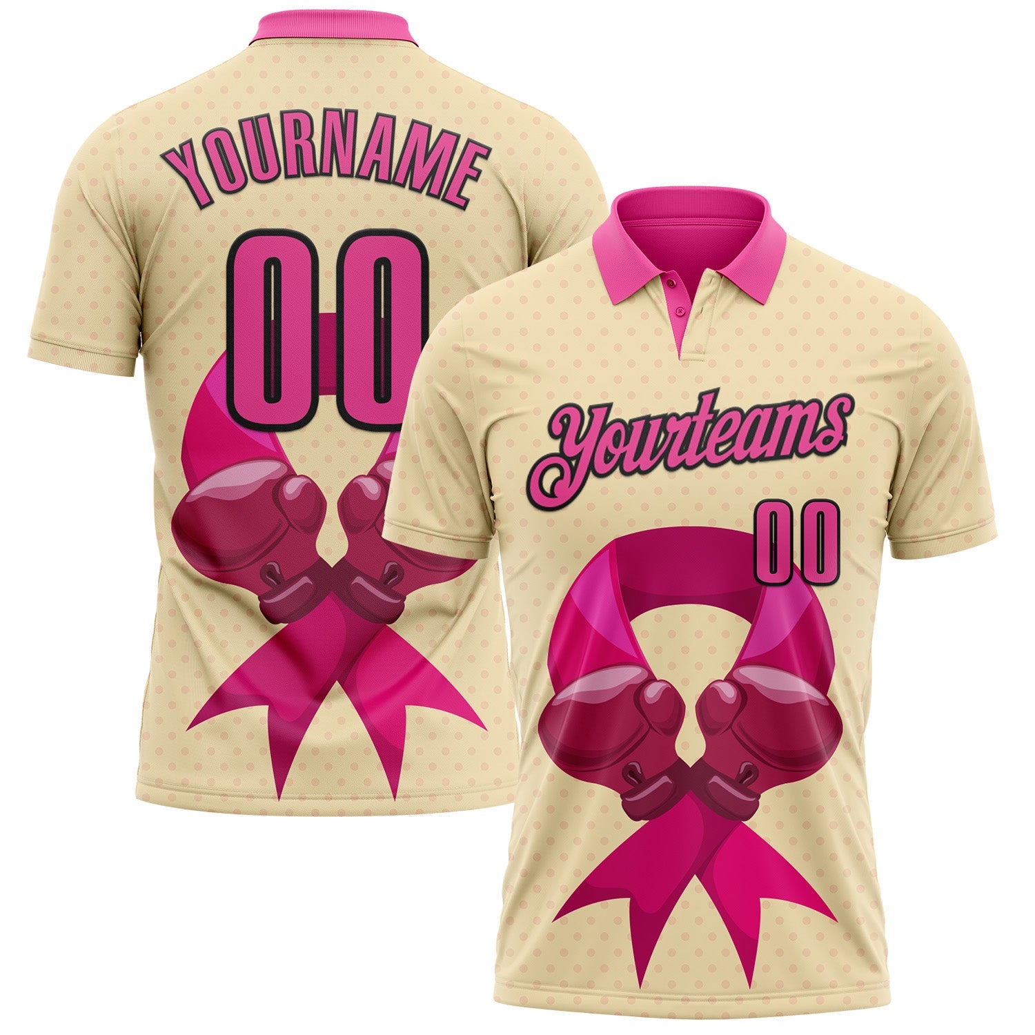 Custom Cream Pink-Black 3D Pink Ribbon Breast Cancer Awareness Fighter Boxing Gloves Performance Polo Shirt - Main View