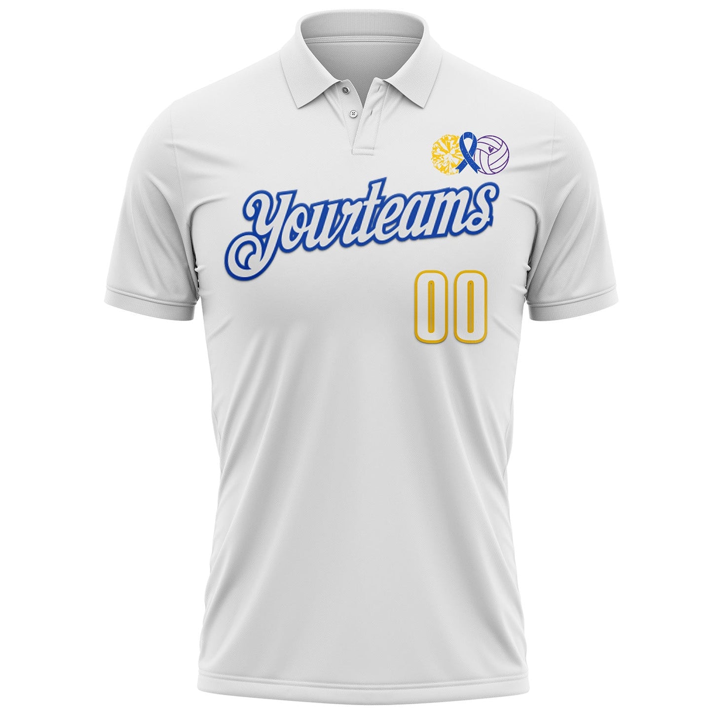 Custom White Yellow Thunder Blue-Purple 3D Pattern Design Dark Blue Ribbon Colorectal Cancer Awareness Colon Volleyball Performance Polo Shirt view 2