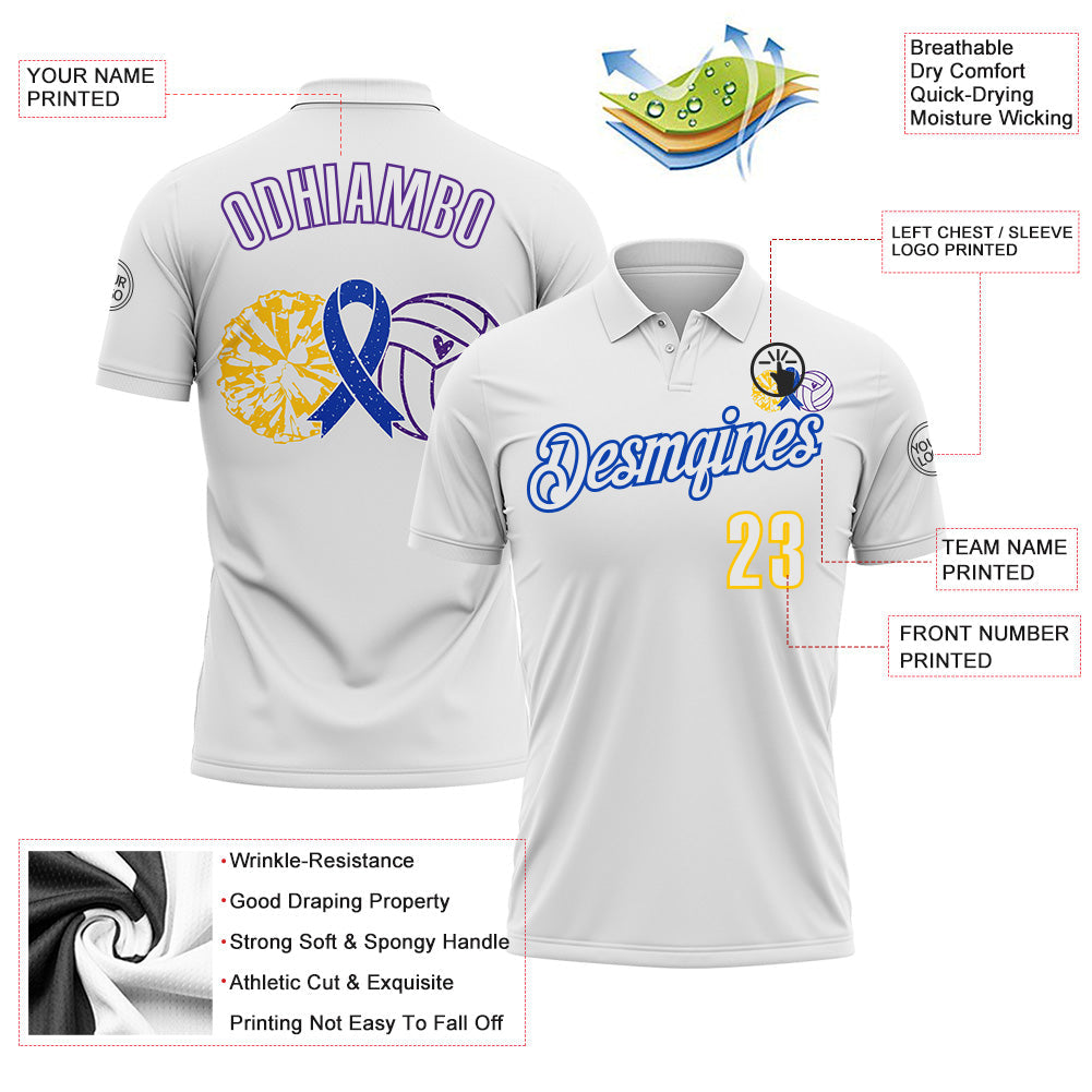 Custom White Yellow Thunder Blue-Purple 3D Pattern Design Dark Blue Ribbon Colorectal Cancer Awareness Colon Volleyball Performance Polo Shirt view 3