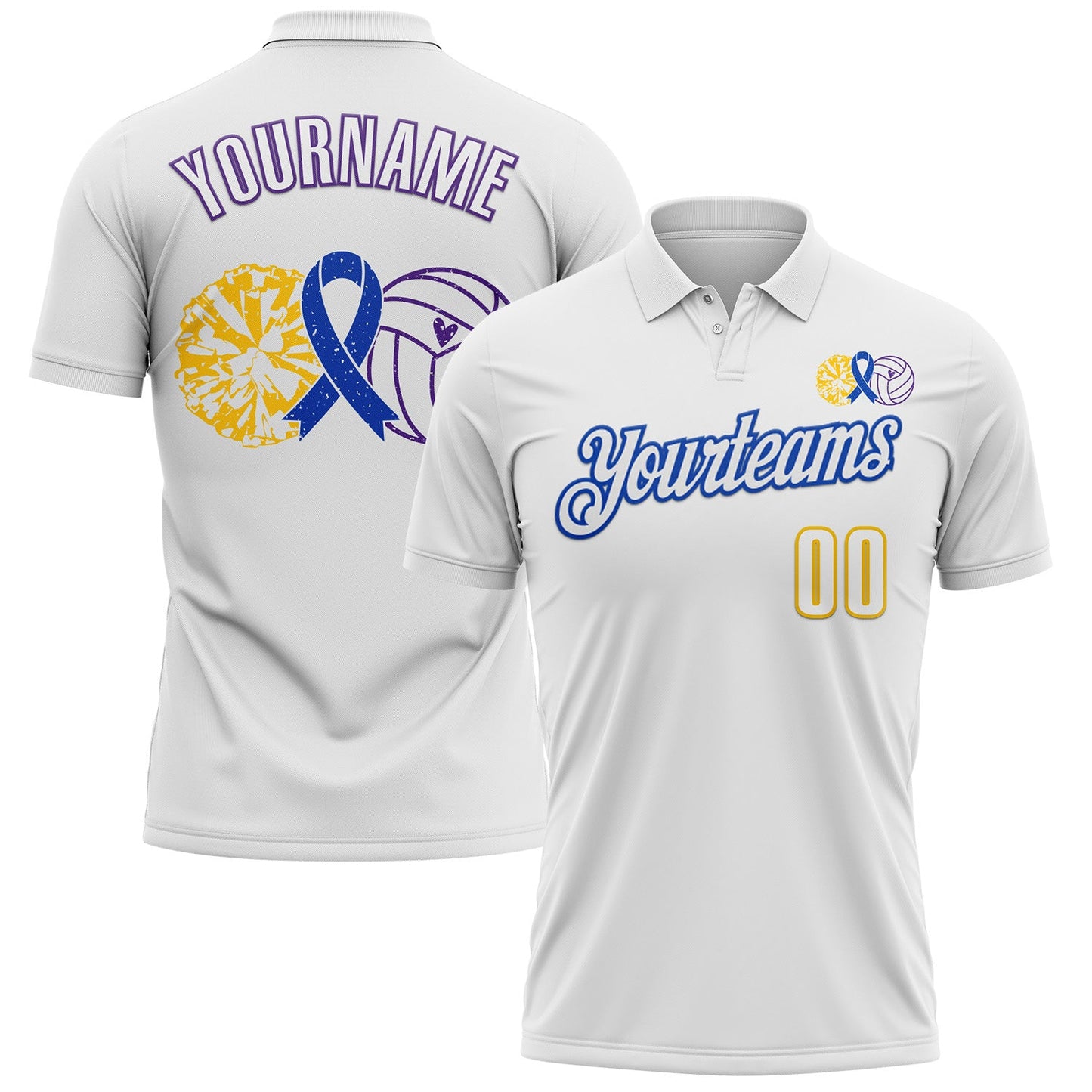 Custom White Yellow Thunder Blue-Purple 3D Pattern Design Dark Blue Ribbon Colorectal Cancer Awareness Colon Volleyball Performance Polo Shirt - Main View