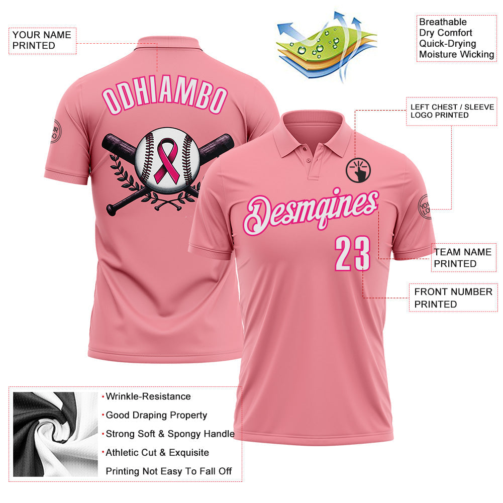 Custom Medium Pink White-Hot Pink 3D Pink Ribbon Breast Cancer Awareness Baseball Performance Polo Shirt view 3