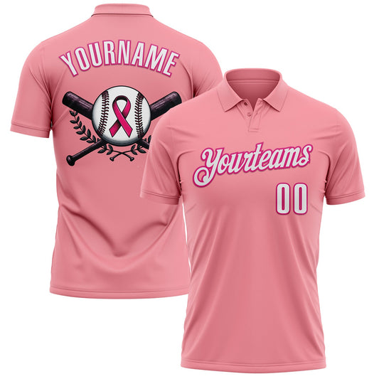 Custom Medium Pink White-Hot Pink 3D Pink Ribbon Breast Cancer Awareness Baseball Performance Polo Shirt - Main View