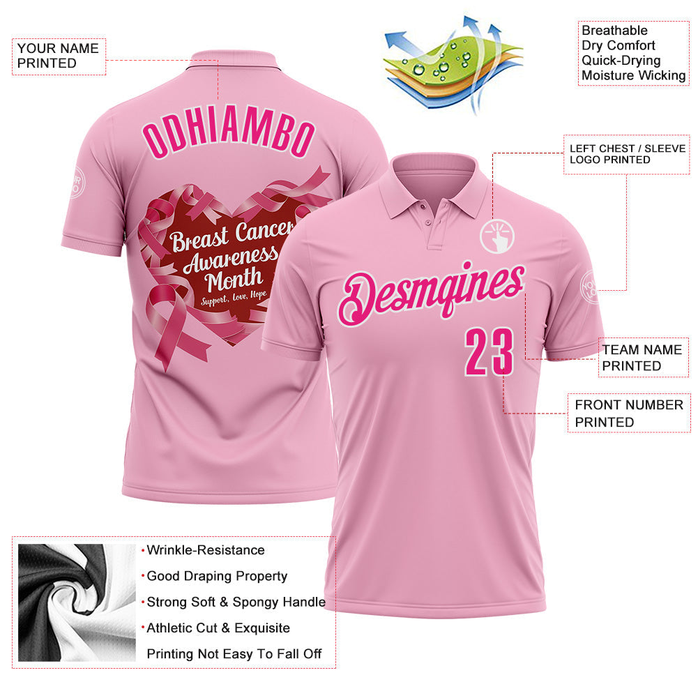 Custom Light Pink Hot Pink-White 3D Pink Ribbon Breast Cancer Awareness Performance Polo Shirt view 3