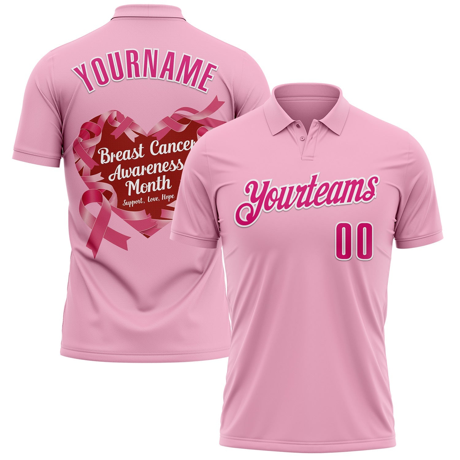 Custom Light Pink Hot Pink-White 3D Pink Ribbon Breast Cancer Awareness Performance Polo Shirt - Main View