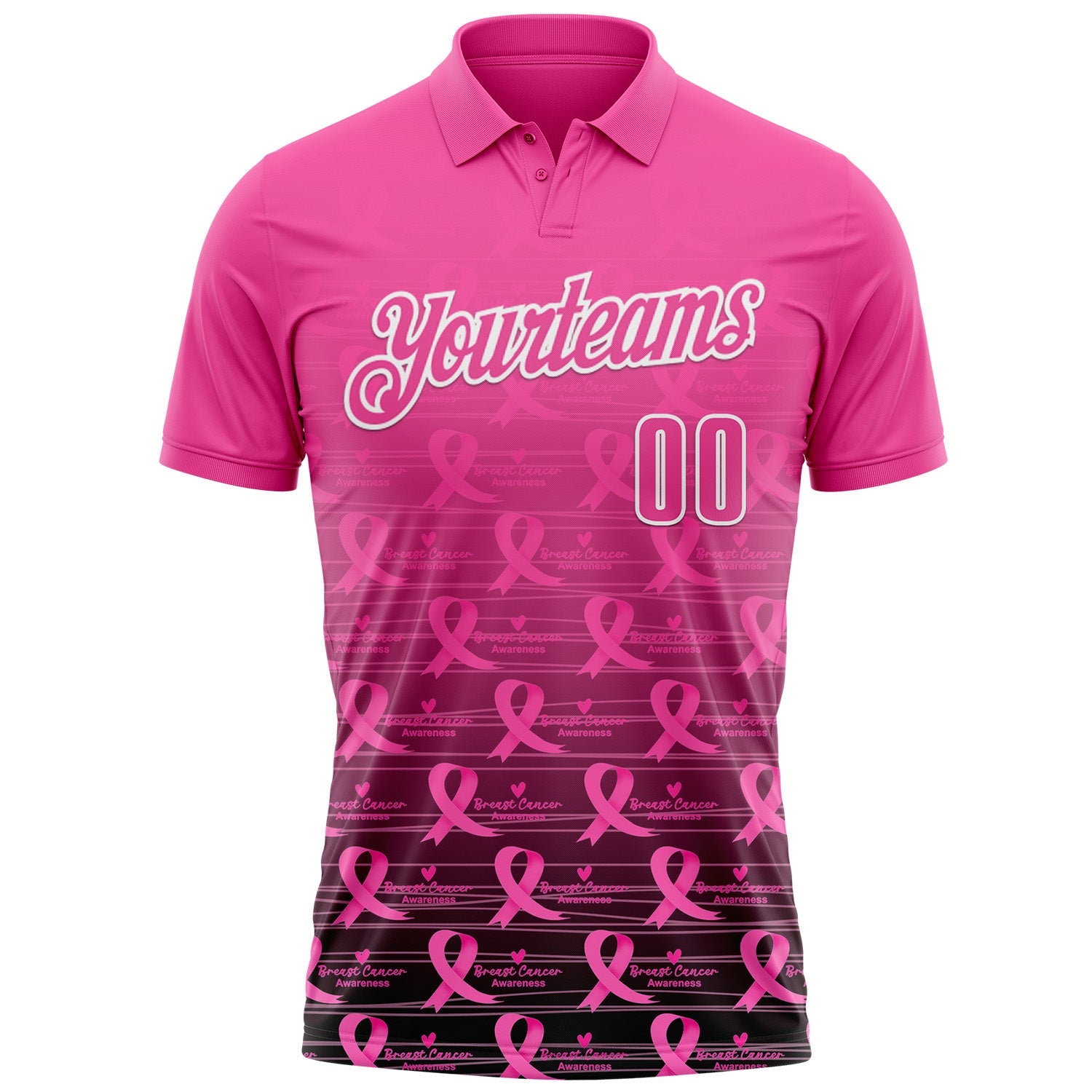 Custom Pink Black-White 3D Gradient Pink Ribbon Breast Cancer Awareness Performance Polo Shirt view 2