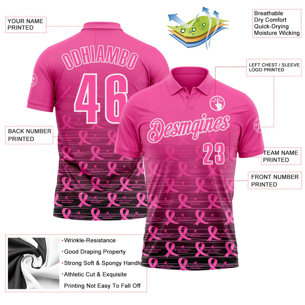 Custom Pink Black-White 3D Gradient Pink Ribbon Breast Cancer Awareness Performance Polo Shirt view 3