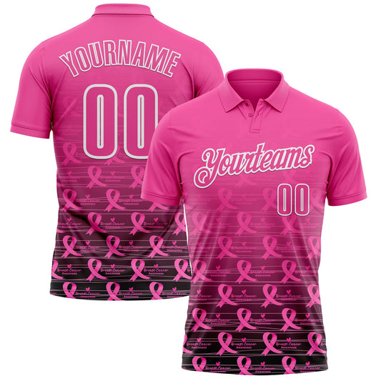 Custom Pink Black-White 3D Gradient Pink Ribbon Breast Cancer Awareness Performance Polo Shirt - Main View