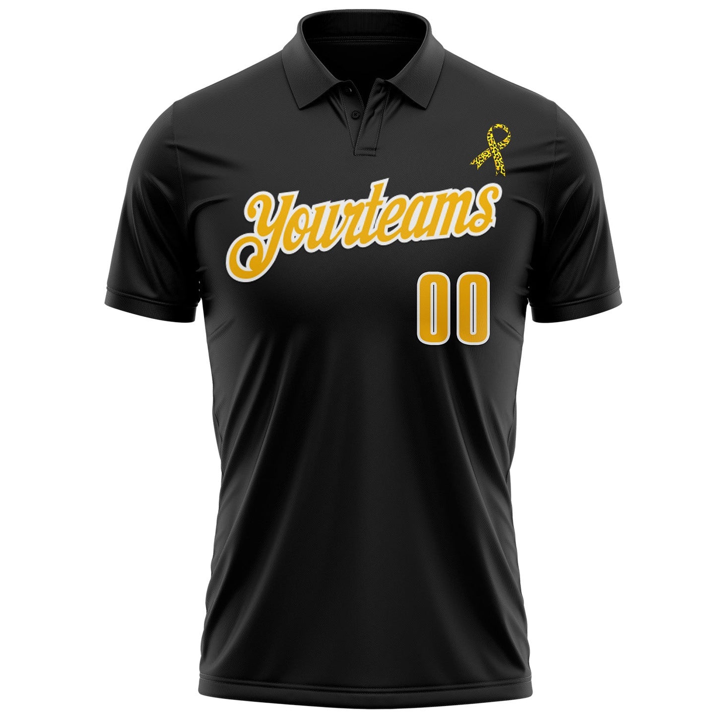 Custom Black Gold-White 3D Pattern Design Yellow Ribbon Bone Cancer Awareness Leopard Pattern Football Performance Polo Shirt view 2