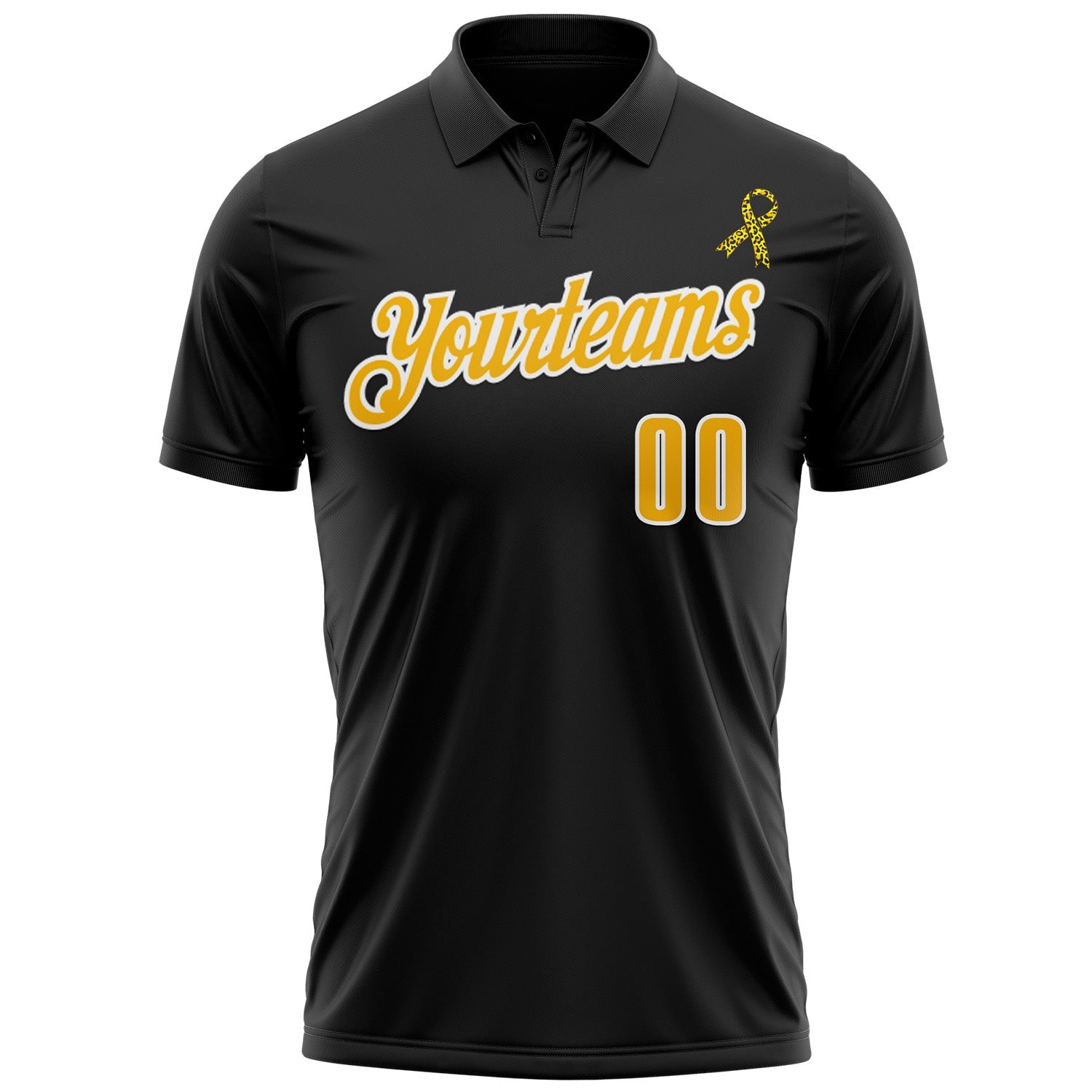 Custom Black Gold-White 3D Pattern Design Yellow Ribbon Bone Cancer Awareness Leopard Pattern Football Performance Polo Shirt view 2