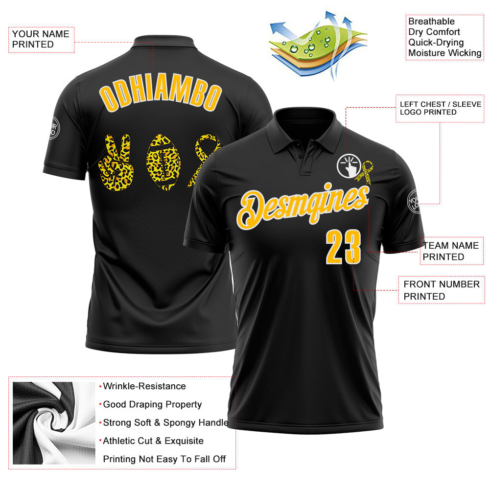 Custom Black Gold-White 3D Pattern Design Yellow Ribbon Bone Cancer Awareness Leopard Pattern Football Performance Polo Shirt view 3