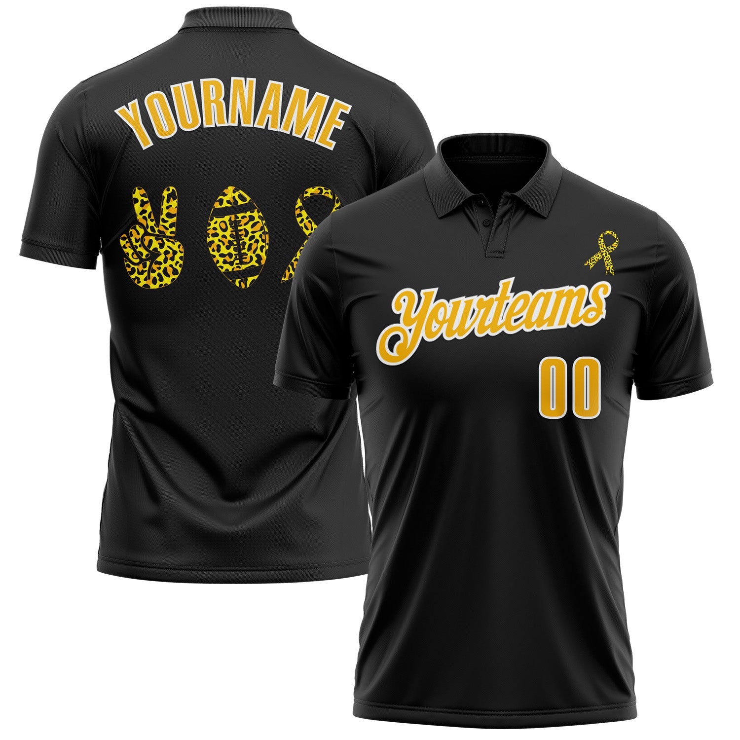 Custom Black Gold-White 3D Pattern Design Yellow Ribbon Bone Cancer Awareness Leopard Pattern Football Performance Polo Shirt - Main View