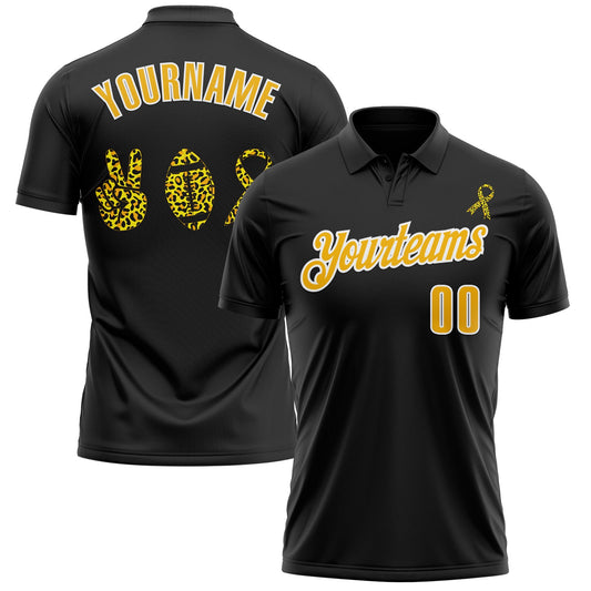 Custom Black Gold-White 3D Pattern Design Yellow Ribbon Bone Cancer Awareness Leopard Pattern Football Performance Polo Shirt - Main View