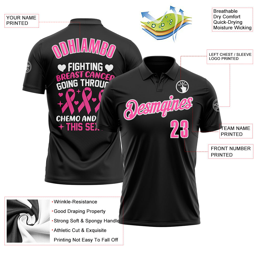 Custom Black Pink-White 3D Pink Ribbon Breast Cancer Awareness Performance Polo Shirt view 3