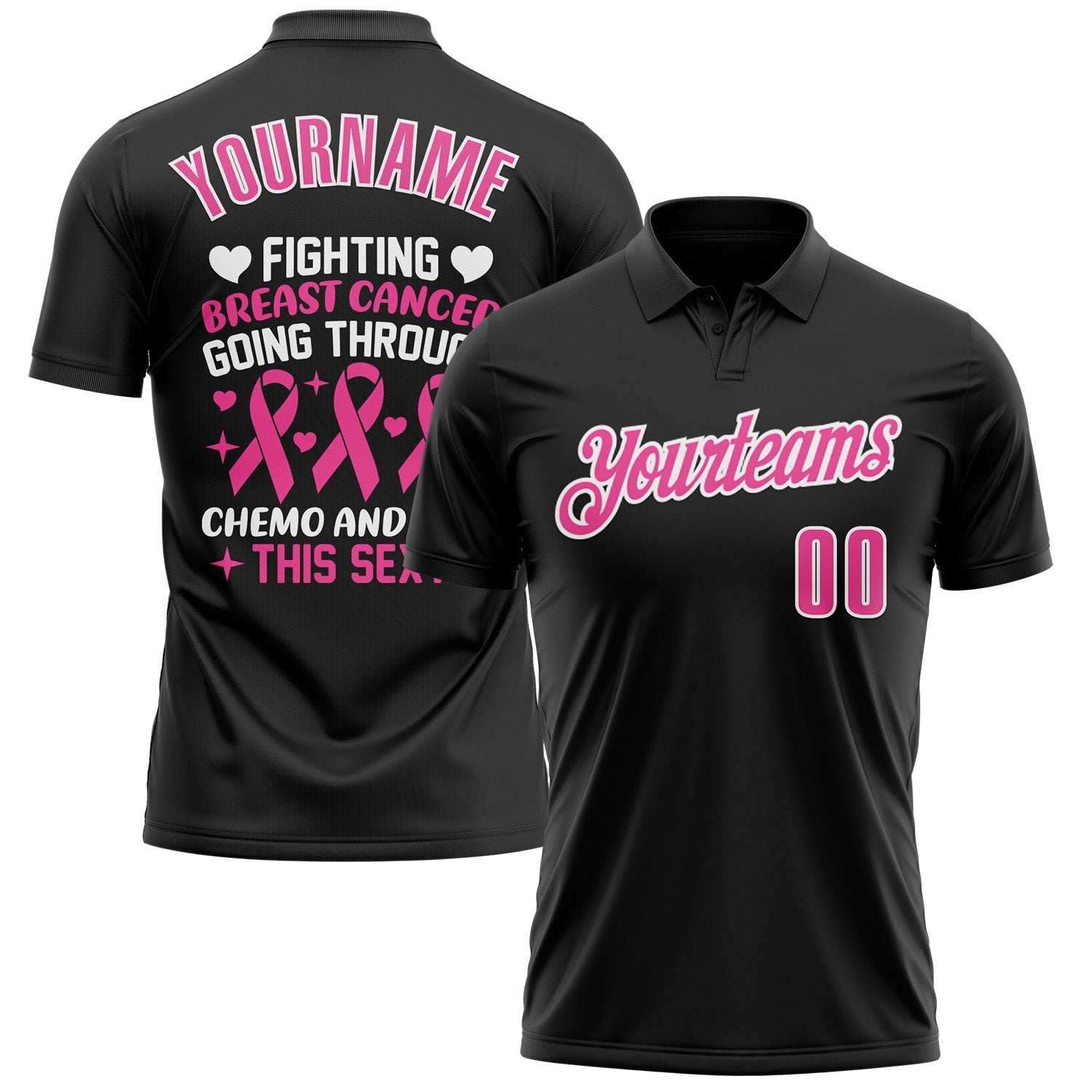 Custom Black Pink-White 3D Pink Ribbon Breast Cancer Awareness Performance Polo Shirt - Main View