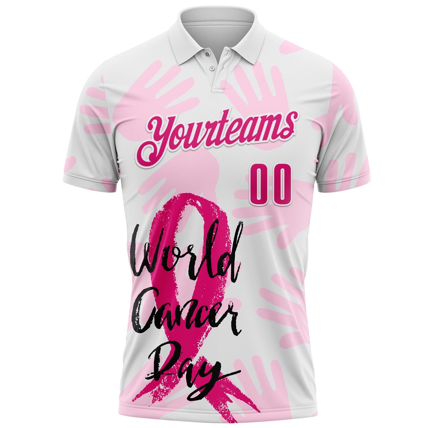 Custom White Hot Pink 3D Pink Ribbon Breast Cancer Awareness World Cancer Day Performance Polo Shirt view 2