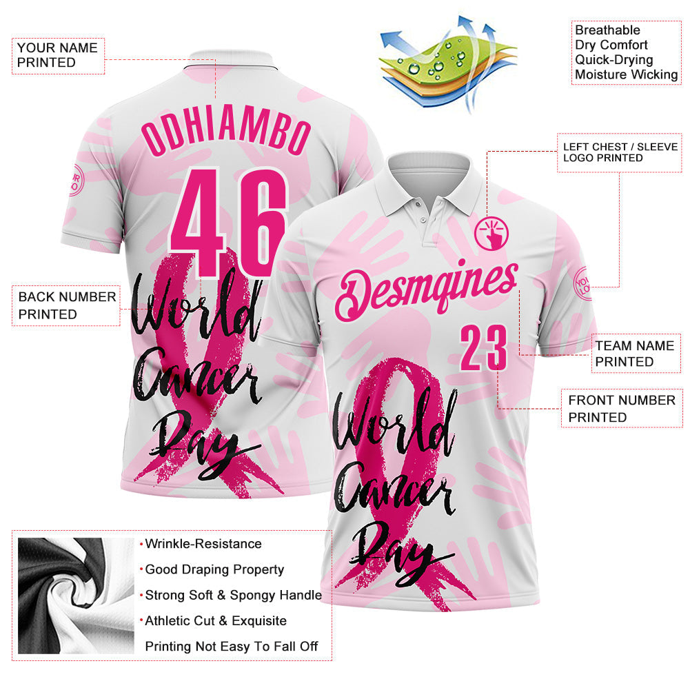 Custom White Hot Pink 3D Pink Ribbon Breast Cancer Awareness World Cancer Day Performance Polo Shirt view 3