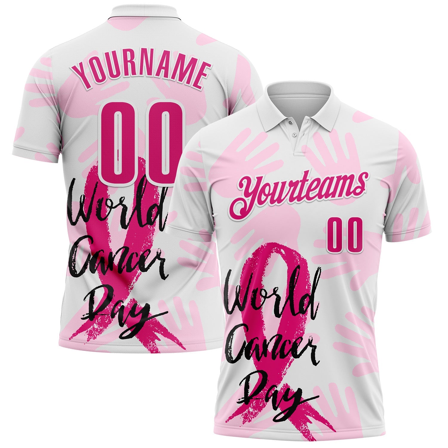 Custom White Hot Pink 3D Pink Ribbon Breast Cancer Awareness World Cancer Day Performance Polo Shirt - Main View