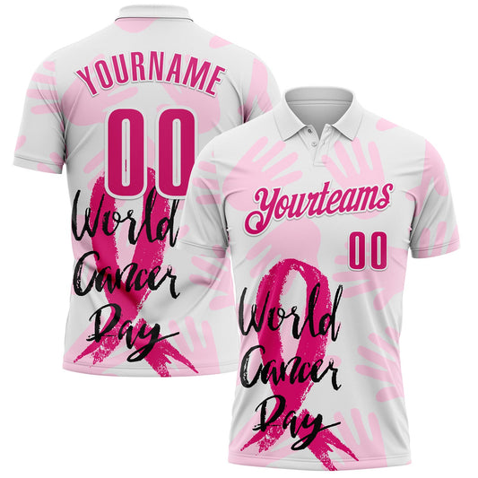 Custom White Hot Pink 3D Pink Ribbon Breast Cancer Awareness World Cancer Day Performance Polo Shirt - Main View