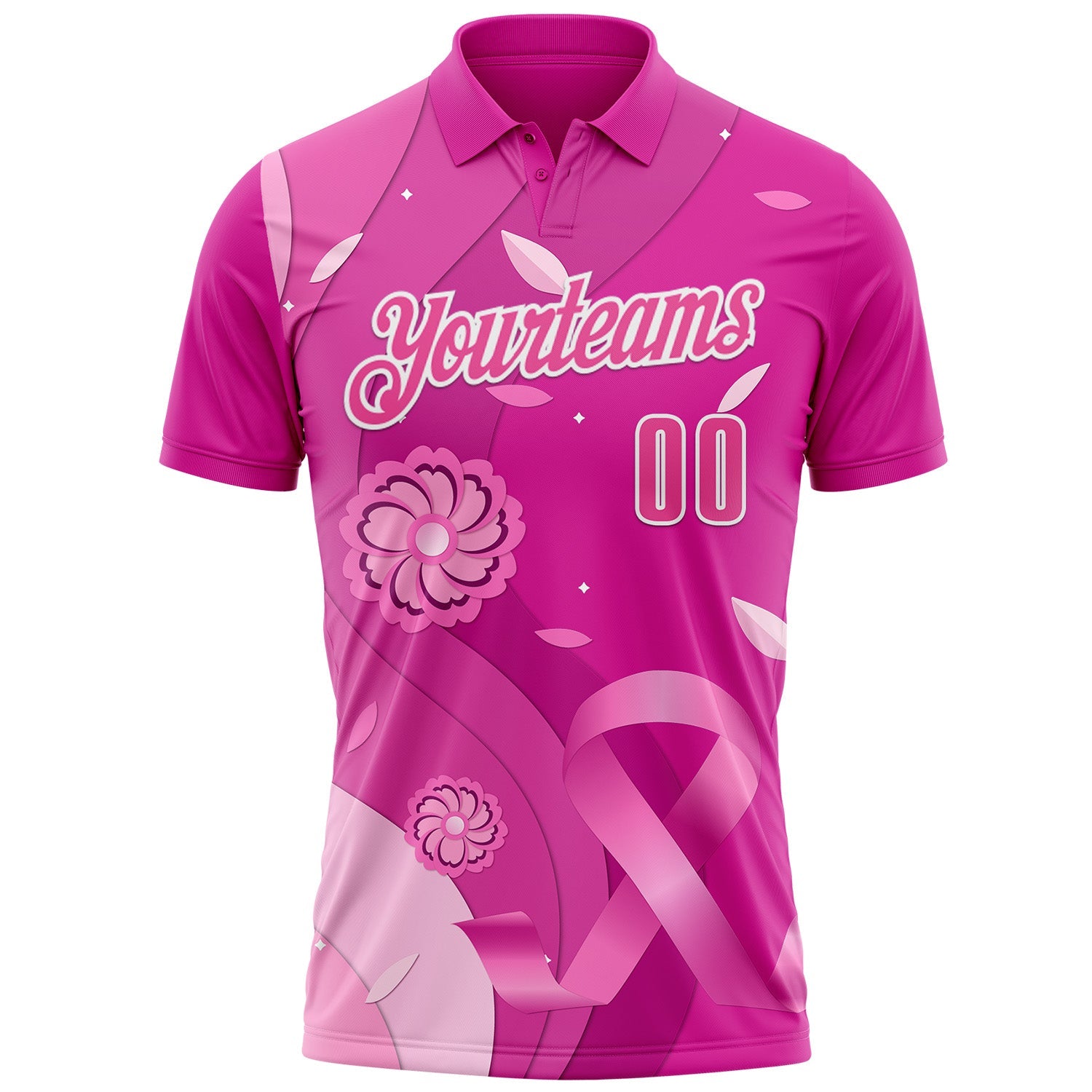 Custom Deep Pink Pink-White 3D Pink Ribbon Breast Cancer Awareness Floral Performance Polo Shirt view 2