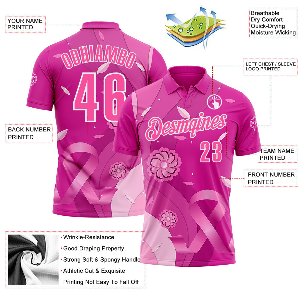 Custom Deep Pink Pink-White 3D Pink Ribbon Breast Cancer Awareness Floral Performance Polo Shirt view 3