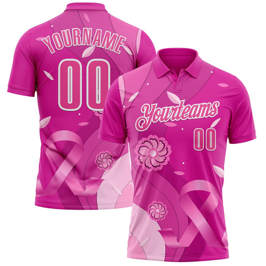 Custom Deep Pink Pink-White 3D Pink Ribbon Breast Cancer Awareness Floral Performance Polo Shirt - Main View