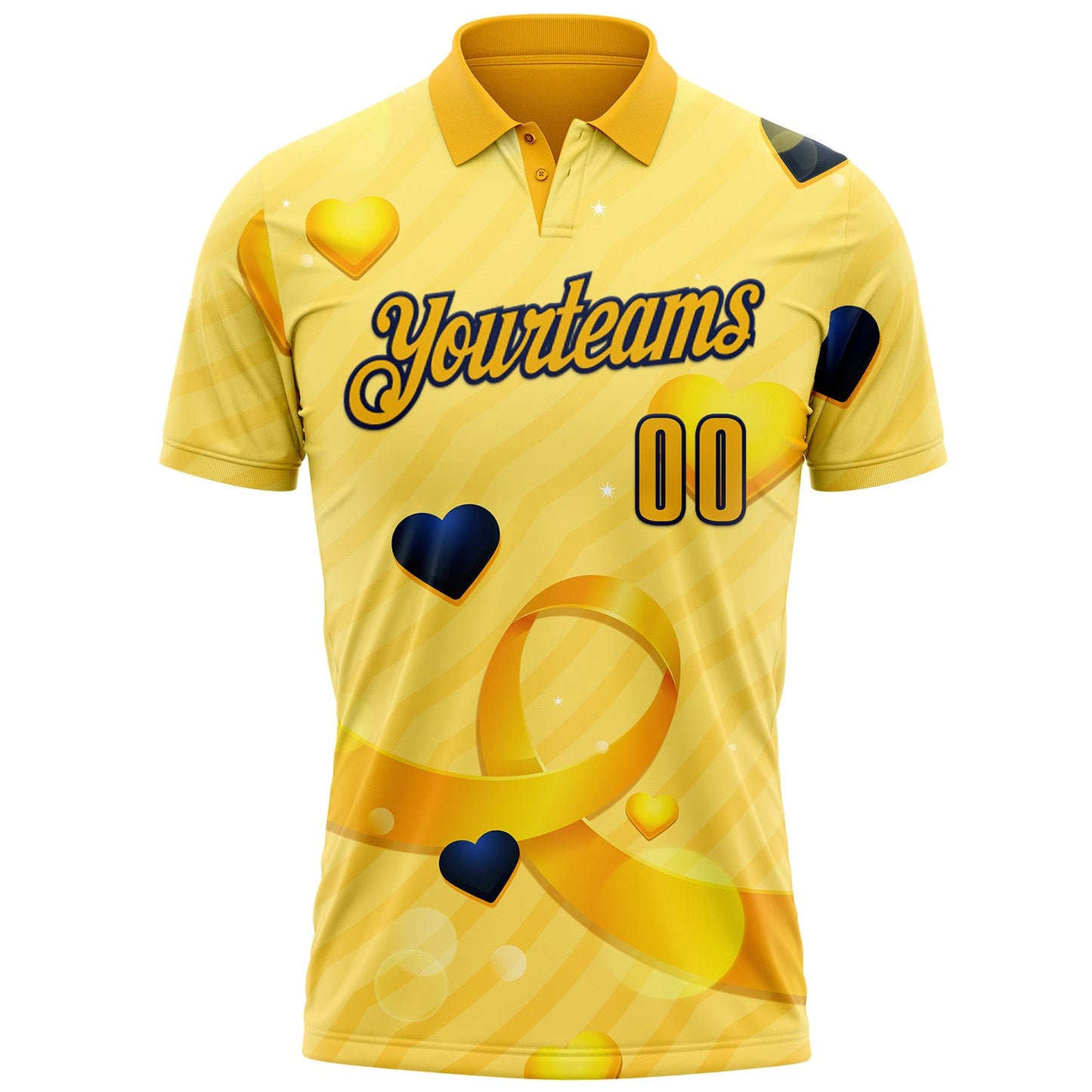 Custom Gold Navy 3D Pattern Design Yellow Ribbon Bone Cancer Awareness Performance Polo Shirt view 2