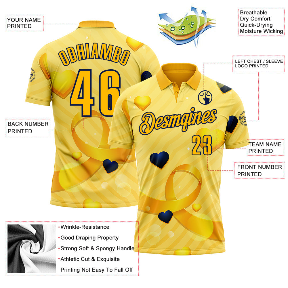 Custom Gold Navy 3D Pattern Design Yellow Ribbon Bone Cancer Awareness Performance Polo Shirt view 3