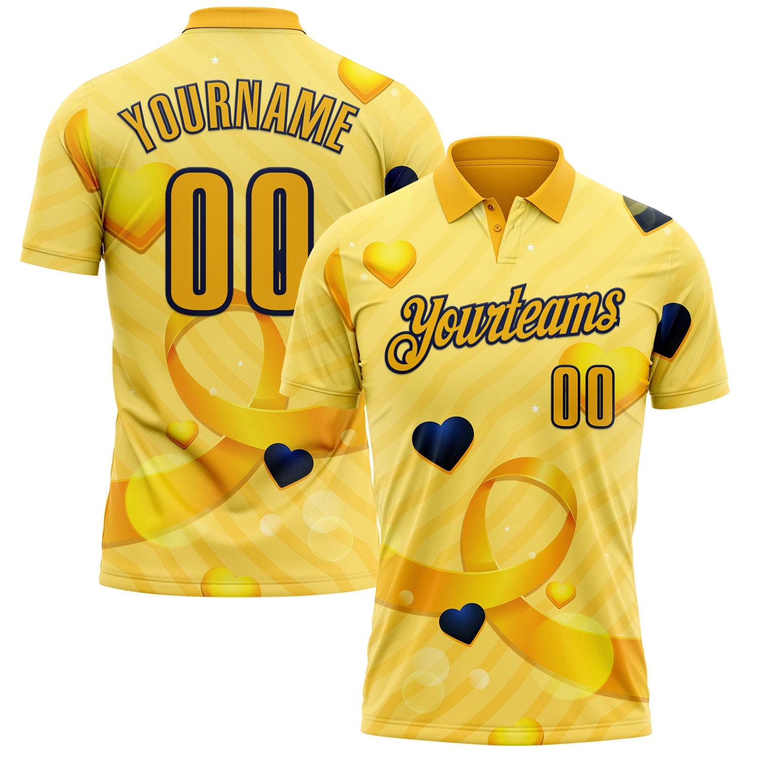 Custom Gold Navy 3D Pattern Design Yellow Ribbon Bone Cancer Awareness Performance Polo Shirt - Main View