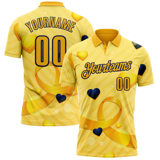 Custom Gold Navy 3D Pattern Design Yellow Ribbon Bone Cancer Awareness Performance Polo Shirt - Main View