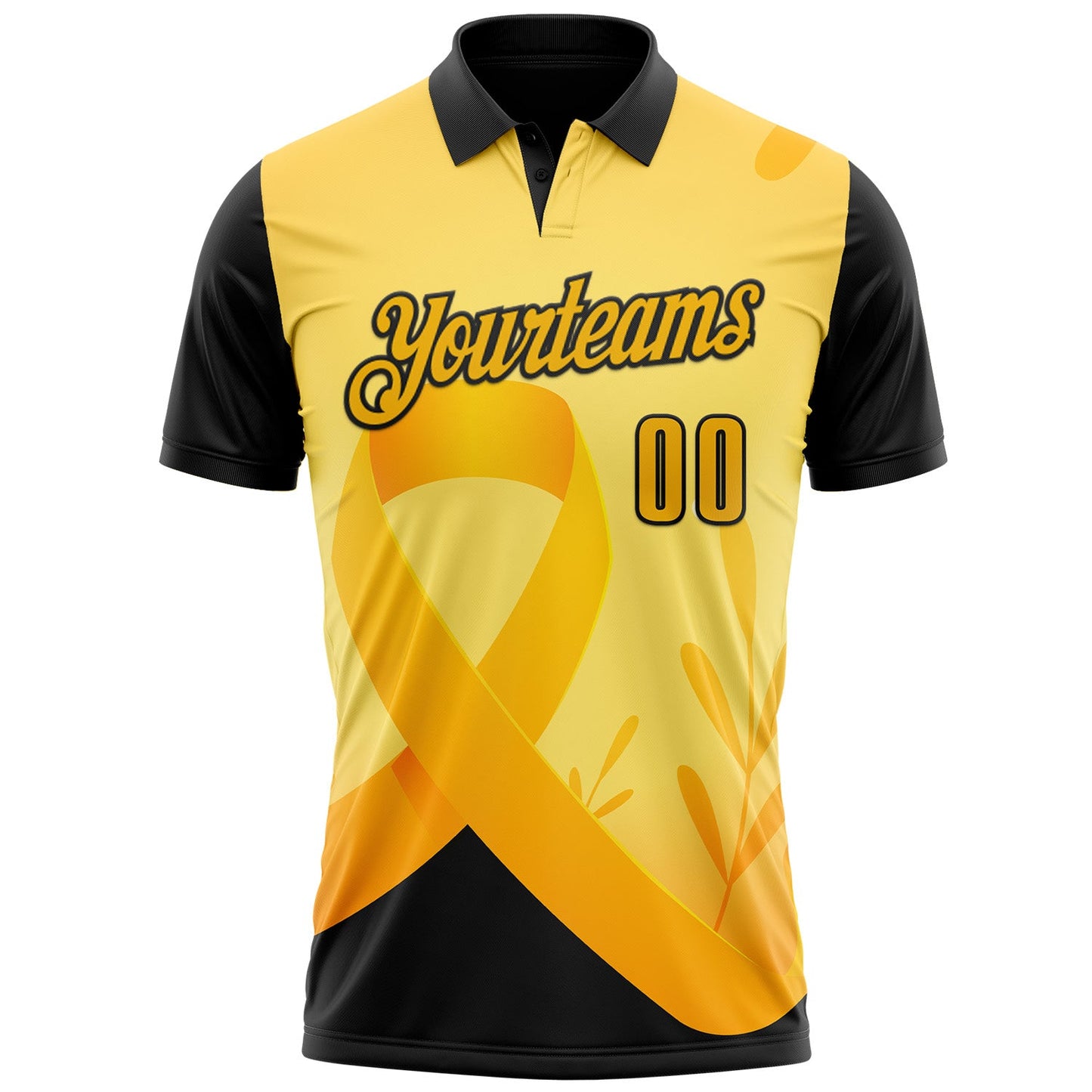 Custom Gold Black 3D Pattern Design Yellow Ribbon Bone Cancer Awareness Performance Polo Shirt view 2