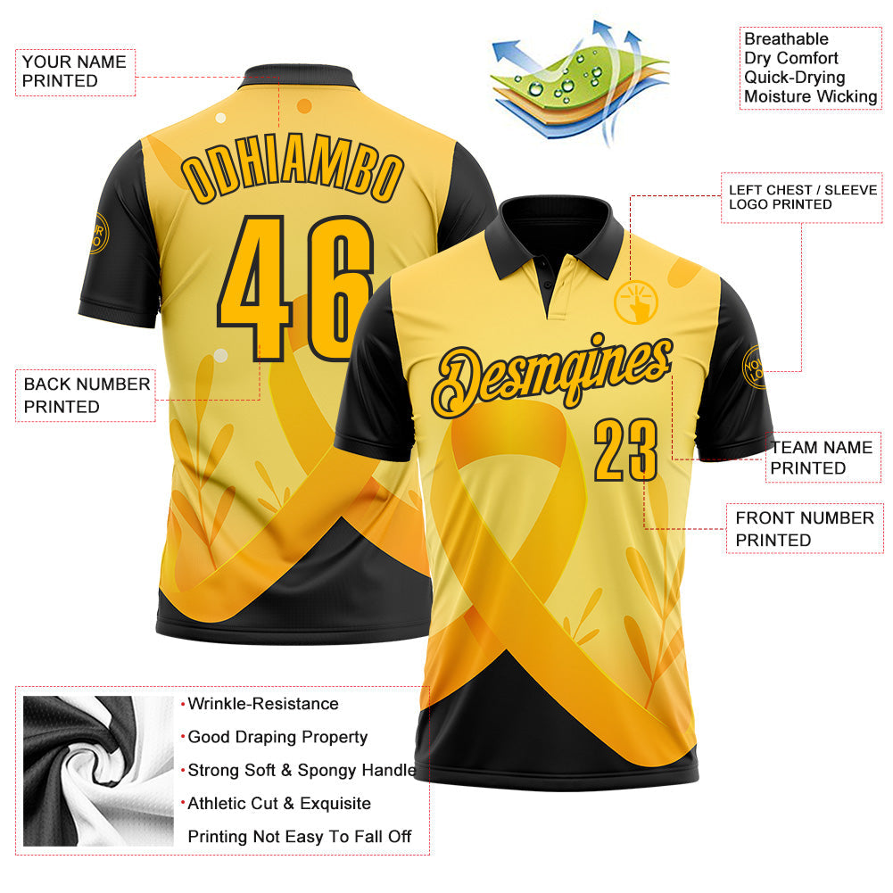Custom Gold Black 3D Pattern Design Yellow Ribbon Bone Cancer Awareness Performance Polo Shirt view 3