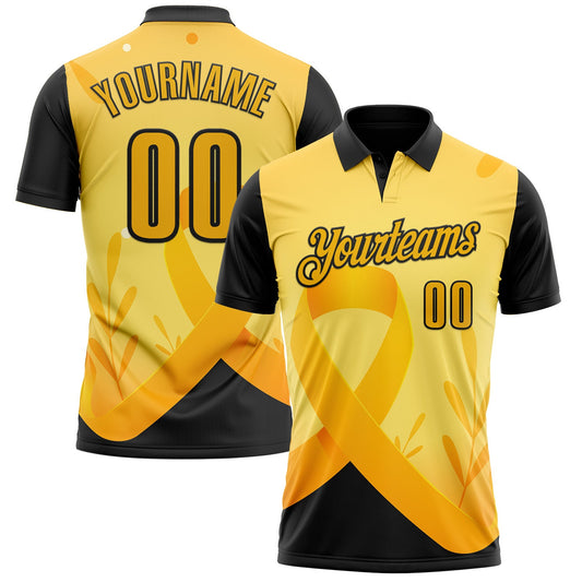 Custom Gold Black 3D Pattern Design Yellow Ribbon Bone Cancer Awareness Performance Polo Shirt - Main View