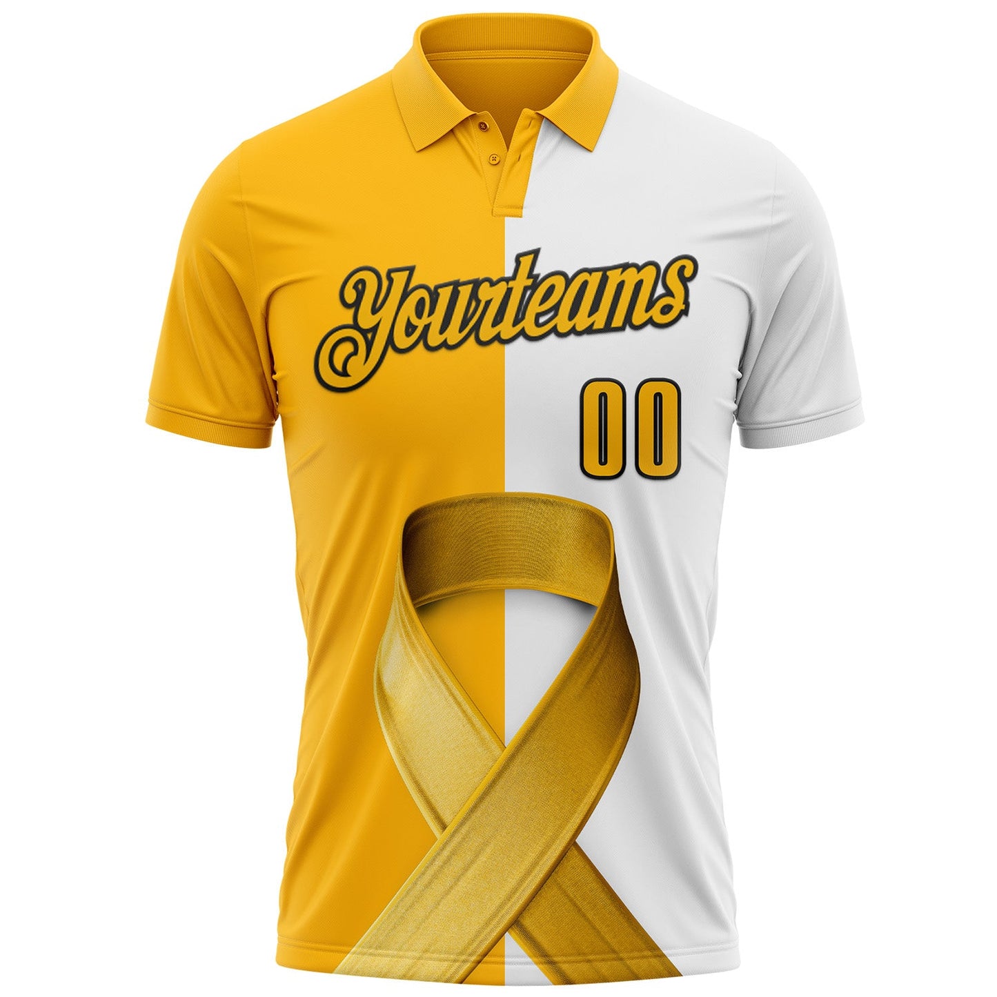 Custom White Gold-Black 3D Pattern Design Gold Ribbon Childhood Cancer Awareness Performance Polo Shirt view 2