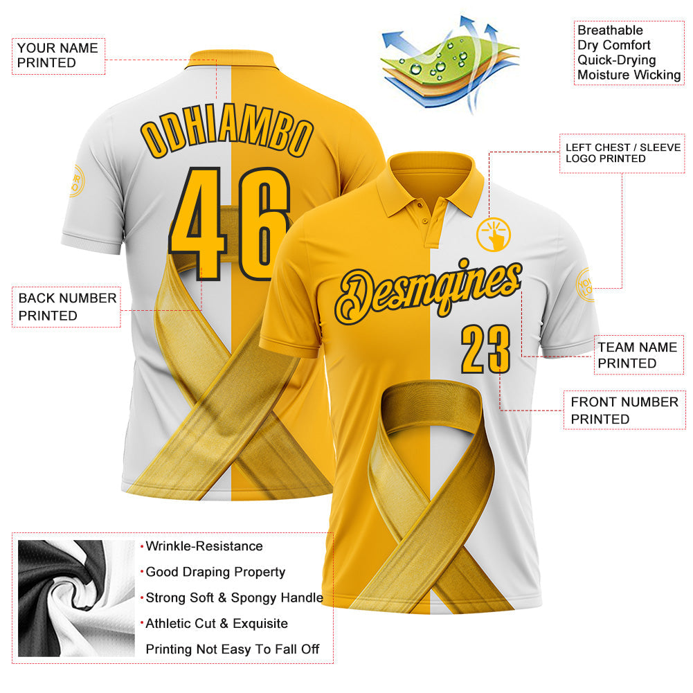 Custom White Gold-Black 3D Pattern Design Gold Ribbon Childhood Cancer Awareness Performance Polo Shirt view 3