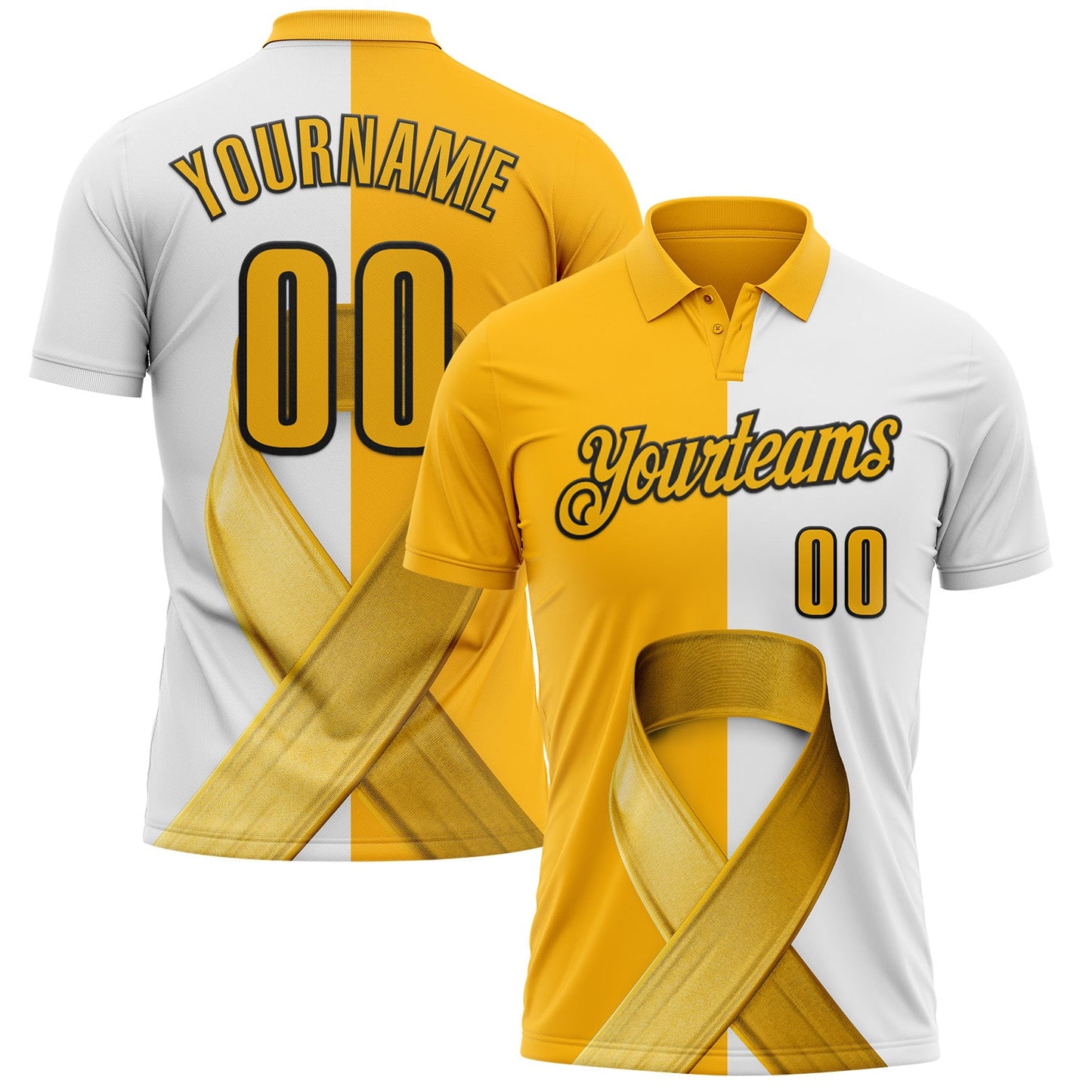 Custom White Gold-Black 3D Pattern Design Gold Ribbon Childhood Cancer Awareness Performance Polo Shirt - Main View